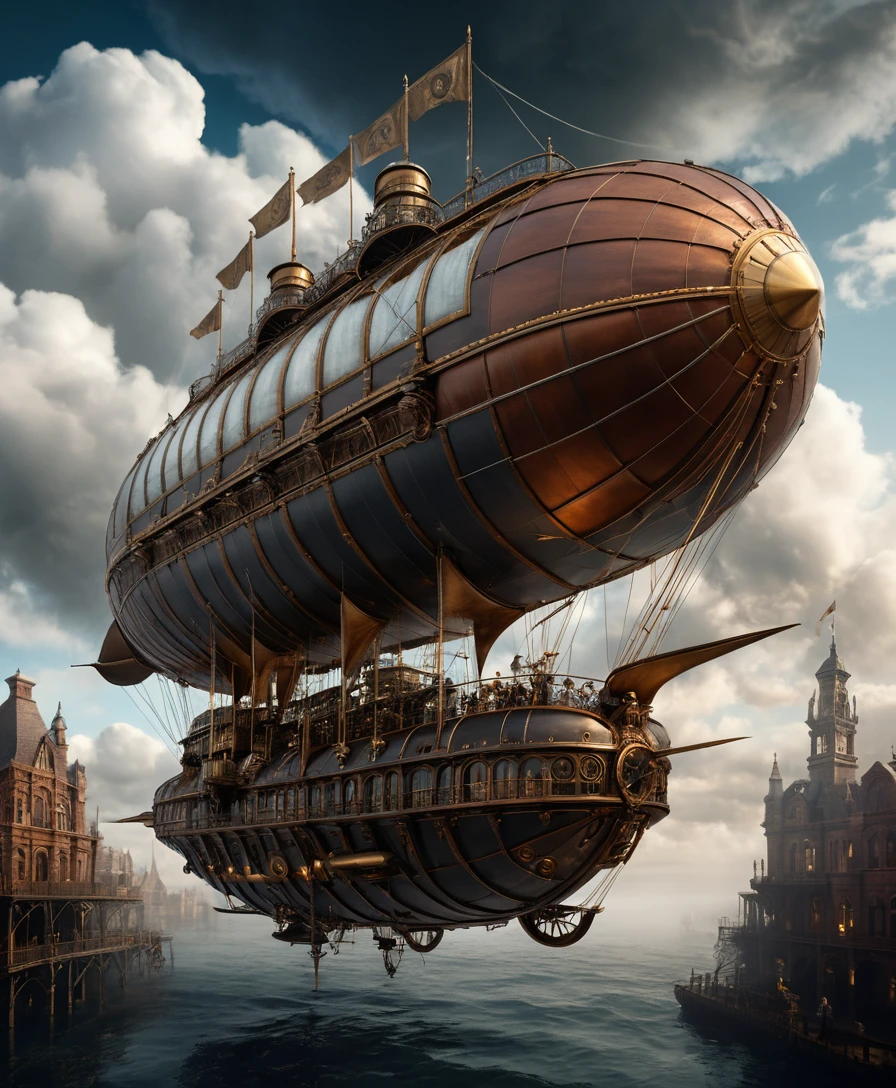 Imenso dirigível steampunk sobre nuvens escuras e tempestuosas
