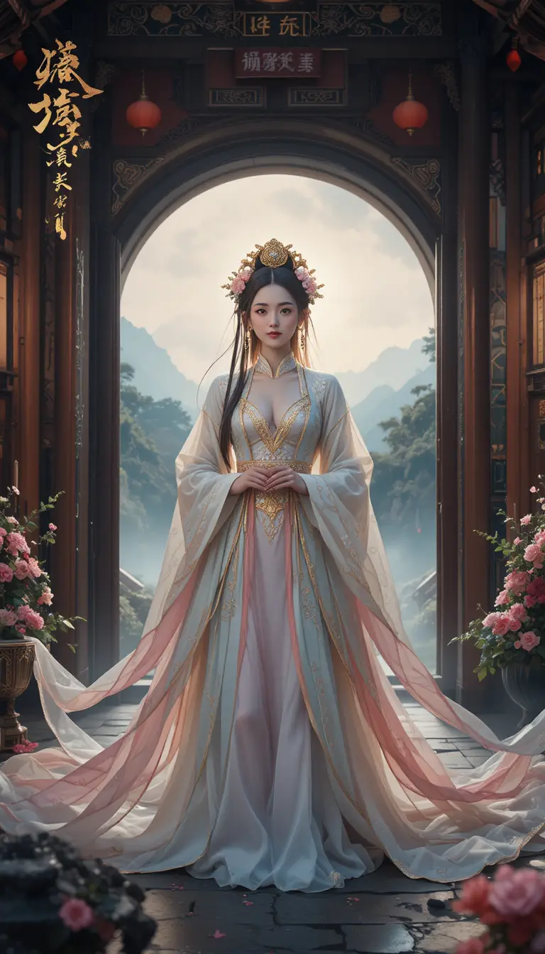 Cinematic close up of oriental courtesan in jeweled headdress