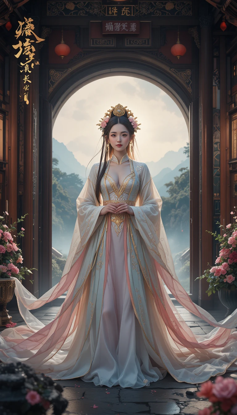 보석 장식 머리 장식을 한 동양 기생의 시네마틱 클로즈업