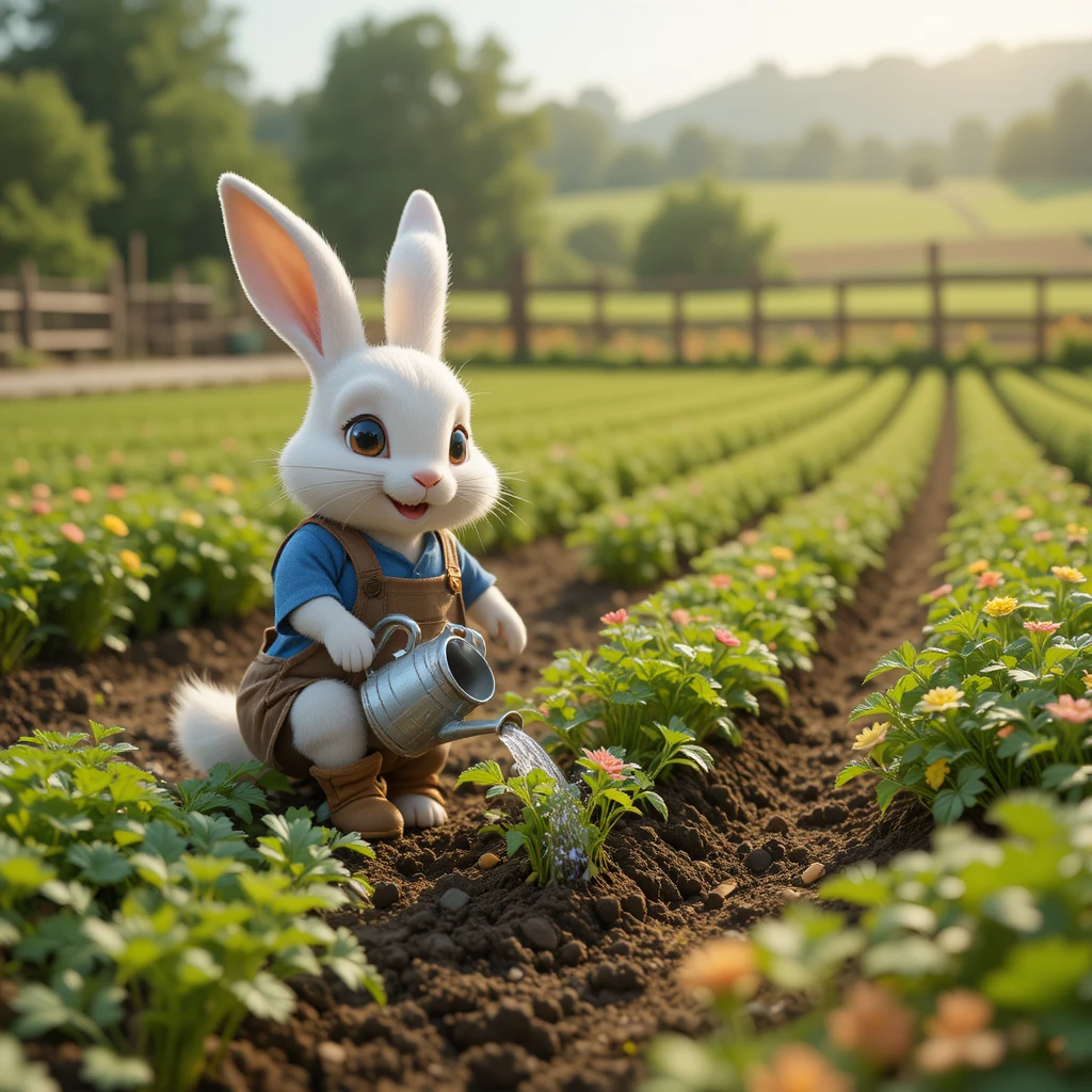 Coelho fofo plantando cenouras em uma fazenda verde ensolarada