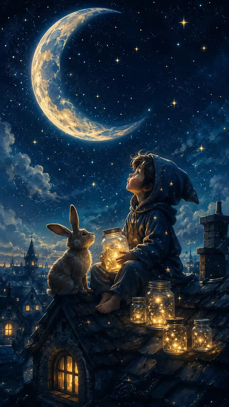 Child On Rooftop Under Crescent Moon With Starlight Jars