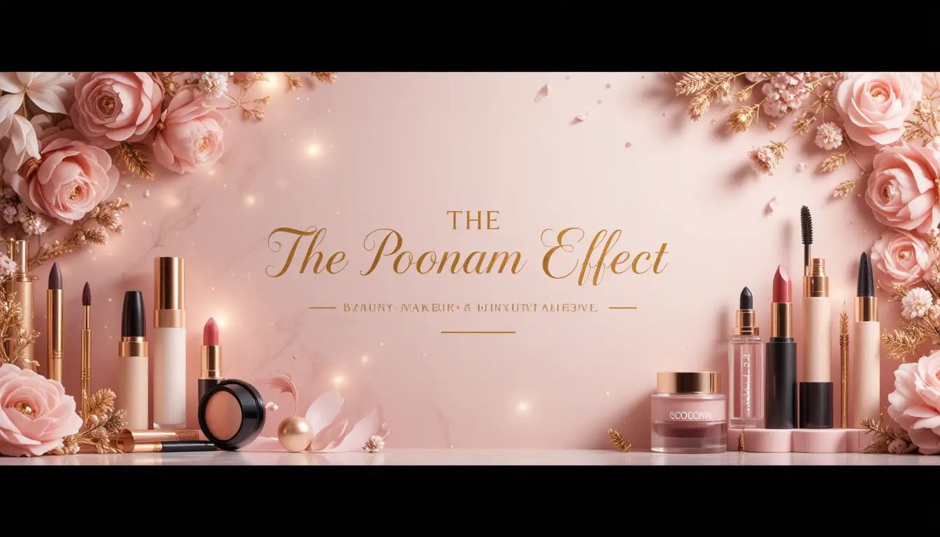 Banner de canal de belleza rosa y lujoso con productos cosméticos
