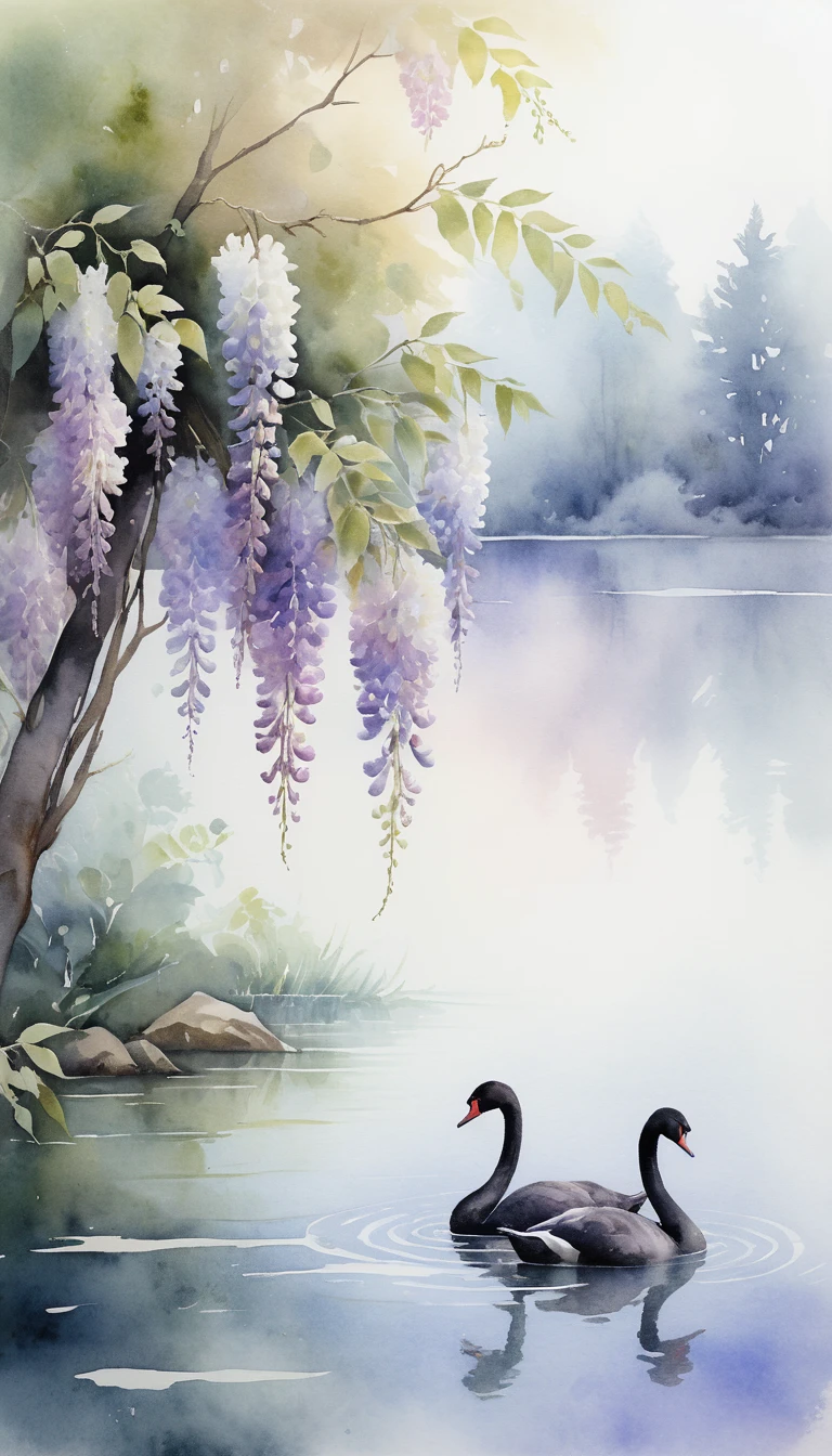 Lac impressionniste avec cygnes noirs et glycine en fleurs