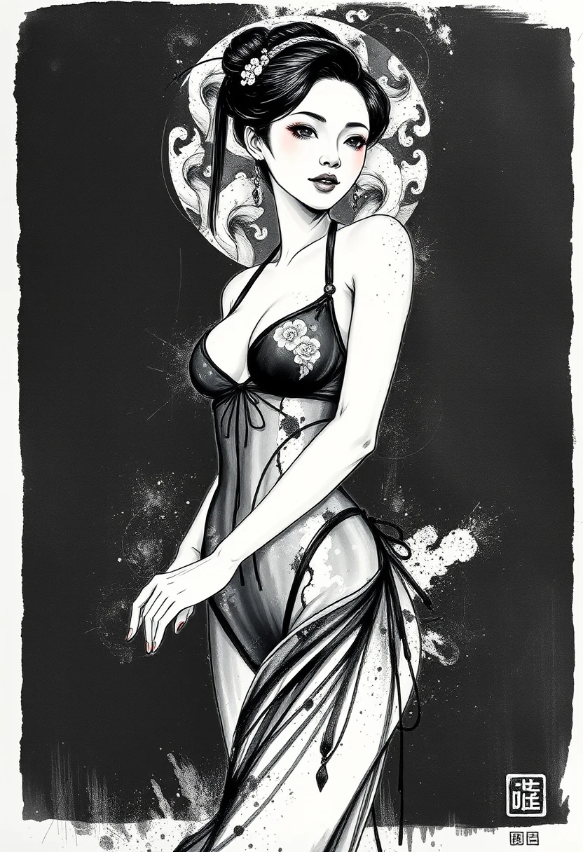 Elegantes Tintenporträt einer Oiran-Frau im monochromen Kontrast