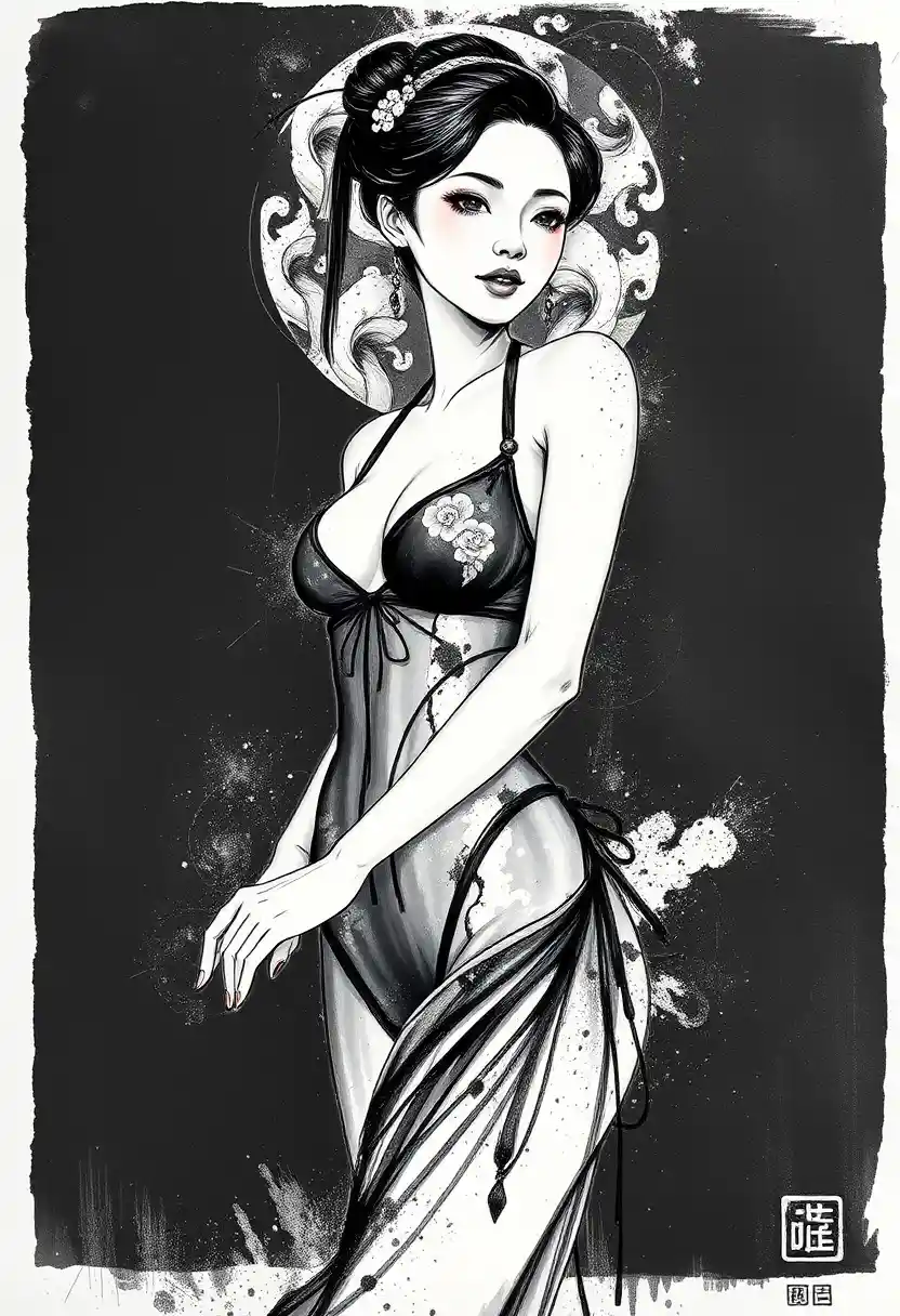 Portrait élégant à l’encre d’une oiran en contraste monochrome