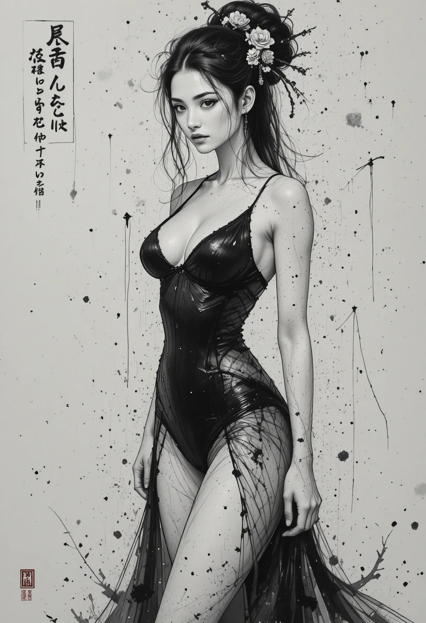 Elegant ink portrait of an oiran woman in monokini