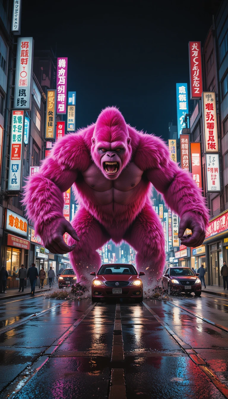 Gorila rosa gigante desatado por las calles de Ginza iluminadas con neón