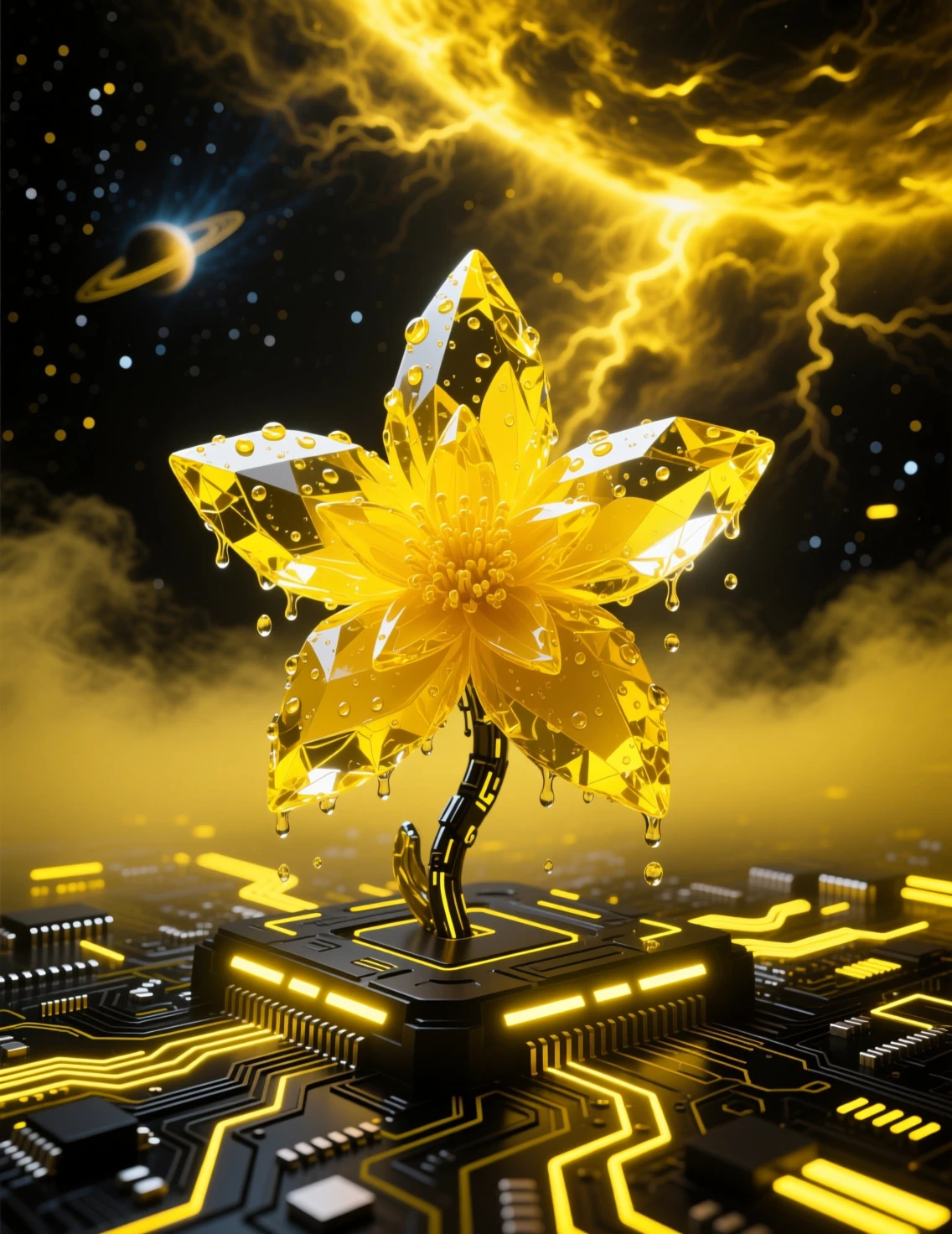 Fiore astratto giallo futuristico che brilla nello spazio oscuro