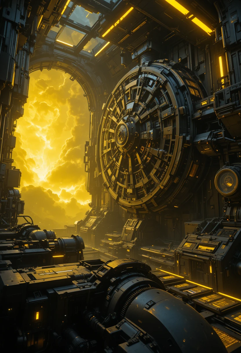 Ingranaggi neri futuristici che ruotano in uno spazio giallo luminoso