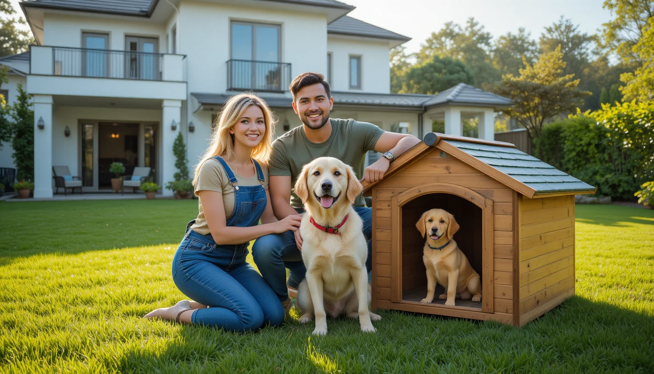 Casal feliz com golden retriever em quintal ensolarado