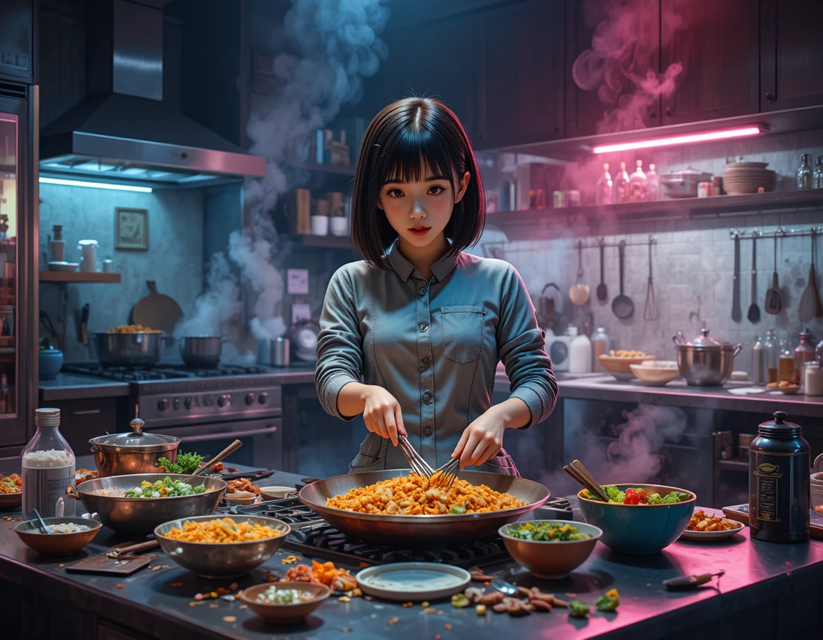 Joven cocinando una cena coreana en una cocina iluminada con neón