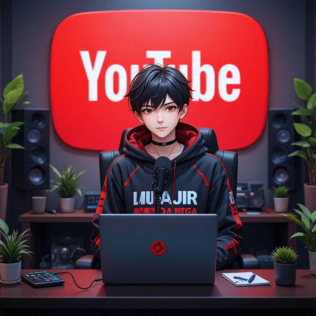 Garoto de anime fazendo stream na mesa com microfone e laptop