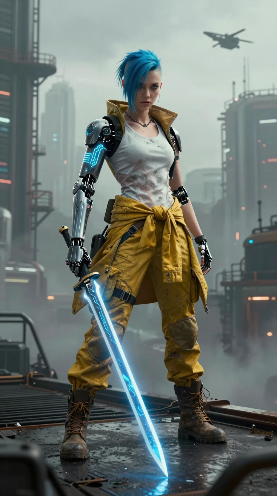 Guerreira cyberpunk em uma passarela alta na cidade
