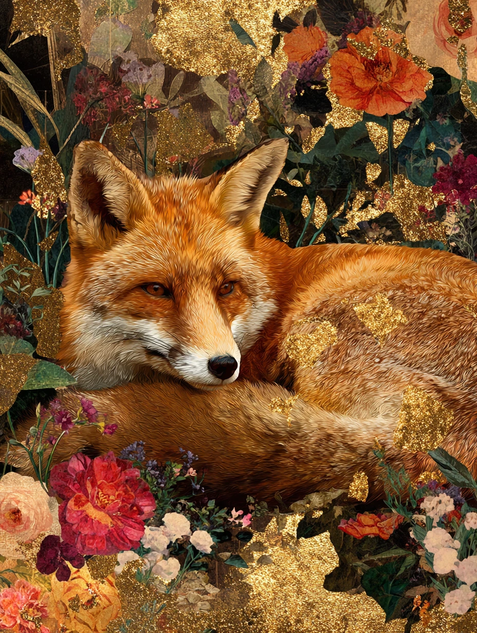 Anthropomorpher Fuchs, der friedlich in einem lebendigen Garten entspannt