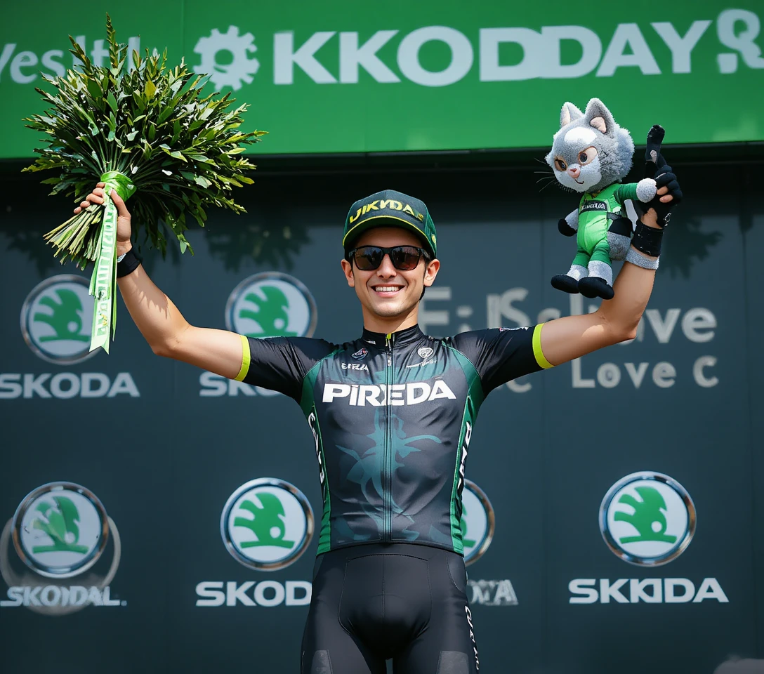 Cycliste homme célébrant sa victoire sur un podium vert de sponsor