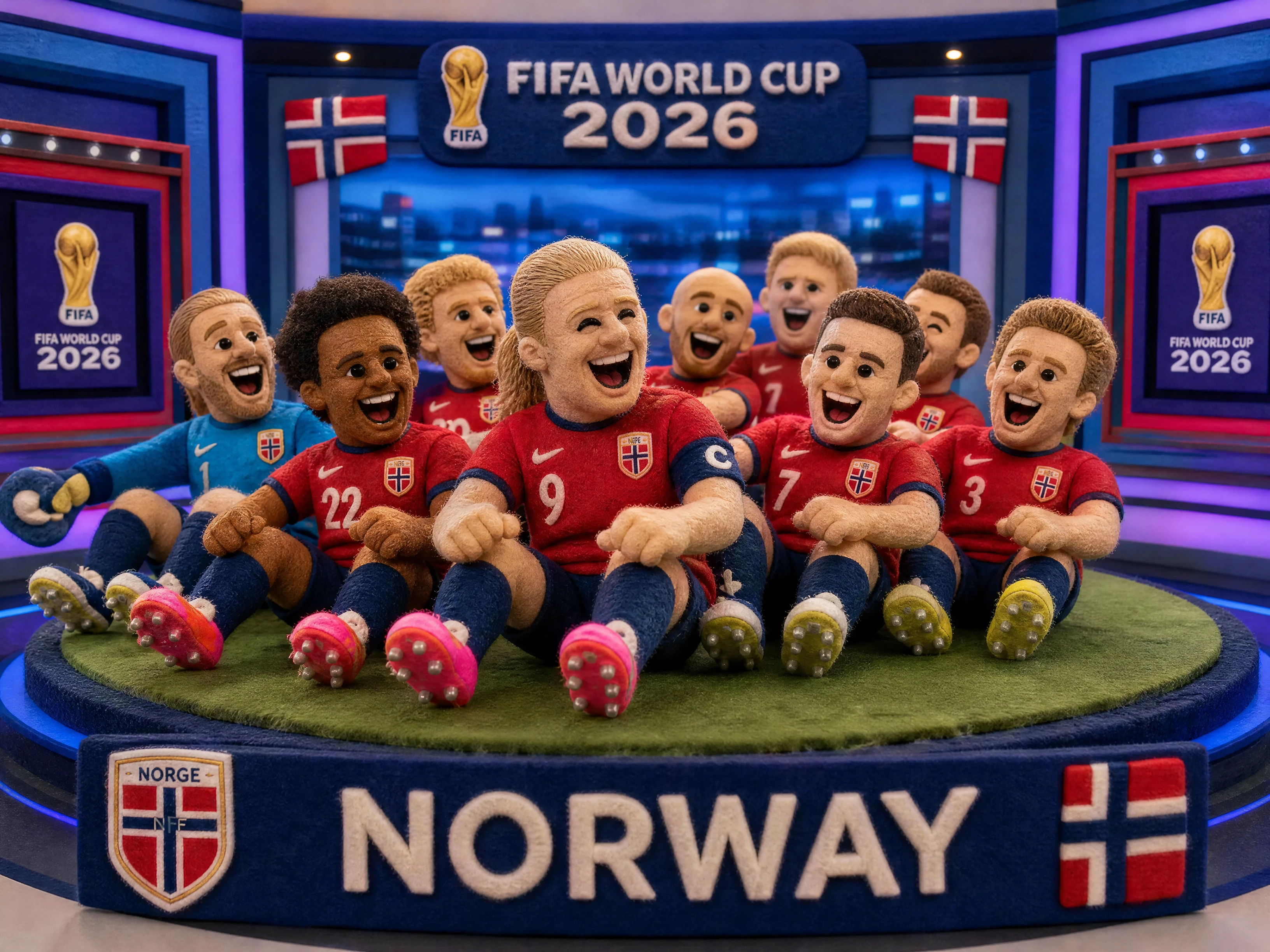 Equipe de futebol norueguesa de feltro rindo em estúdio iluminado