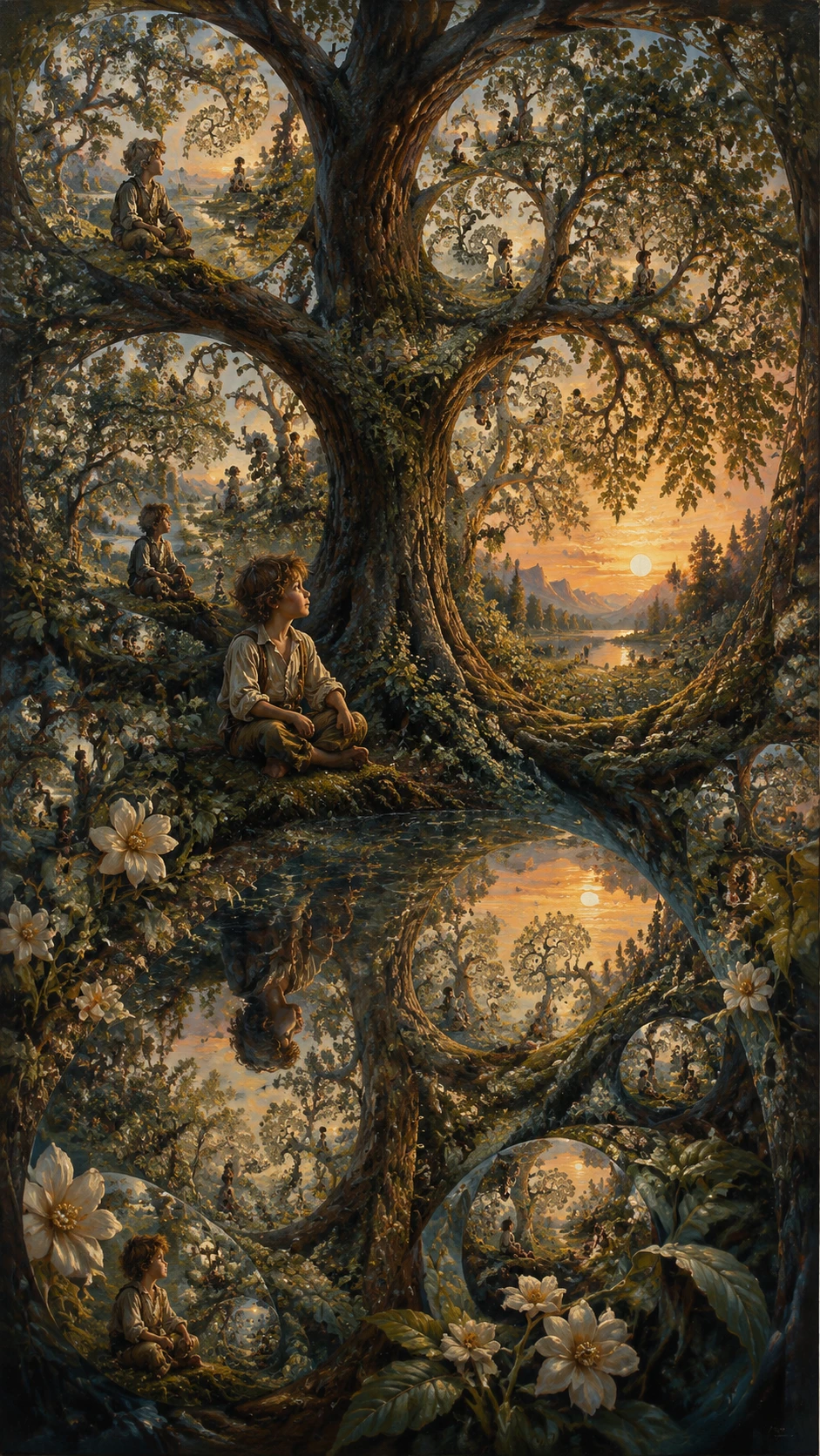 Child within a fractal inspired abstract forest painting