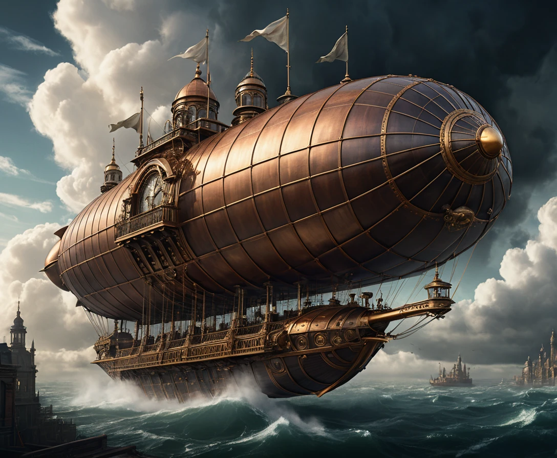 Colossal aeronave steampunk sobre nuvens escuras e tempestuosas