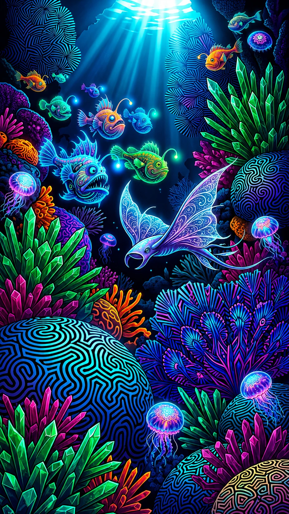 Peces Bioluminiscentes Sobre un Arrecife de Coral Cristalino