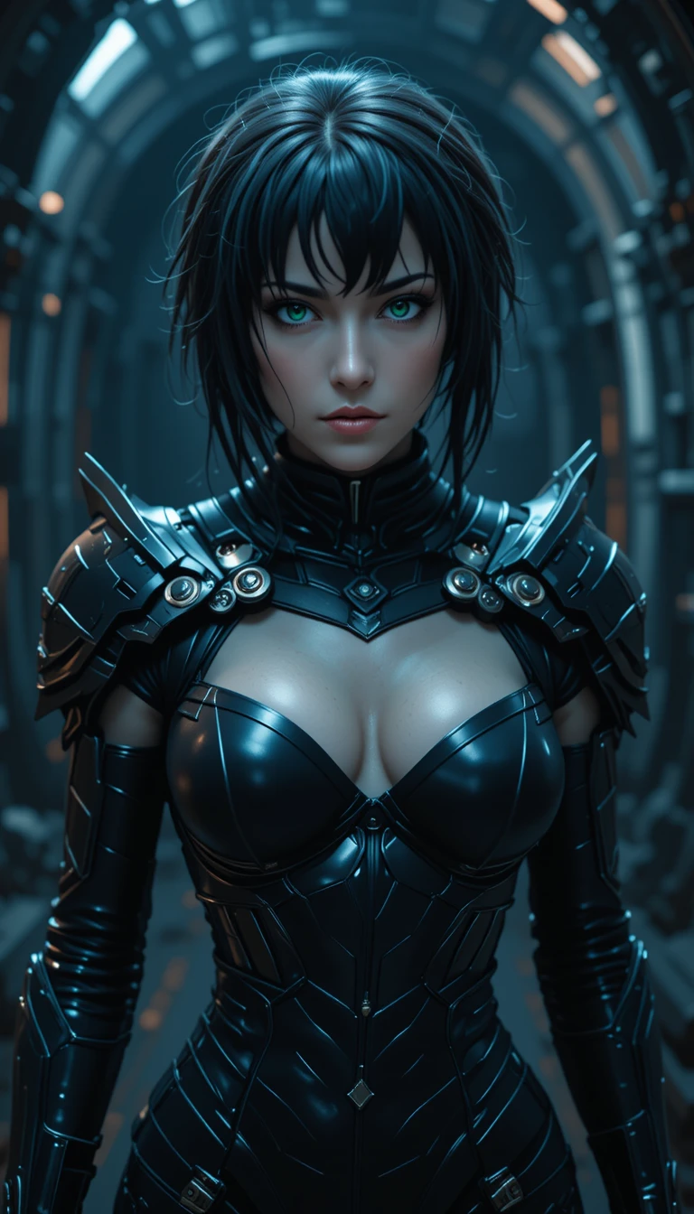 Femme en armure dans une baie d’amarrage sombre de station spatiale