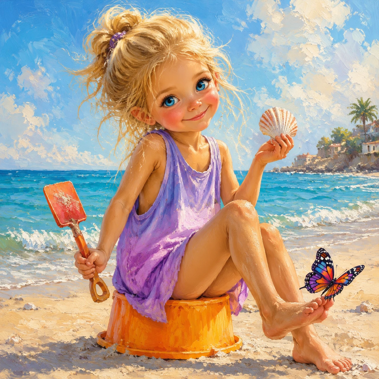 Fillette blonde et enjouée assise sur un seau jouet à la plage