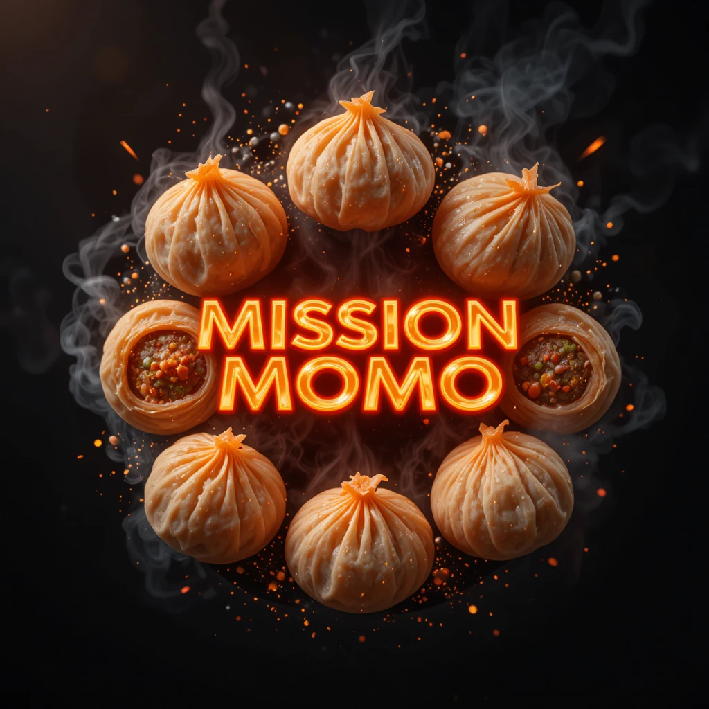 Neon-Mission-Momo-Logo mit Kreis aus dampfenden Dumplings