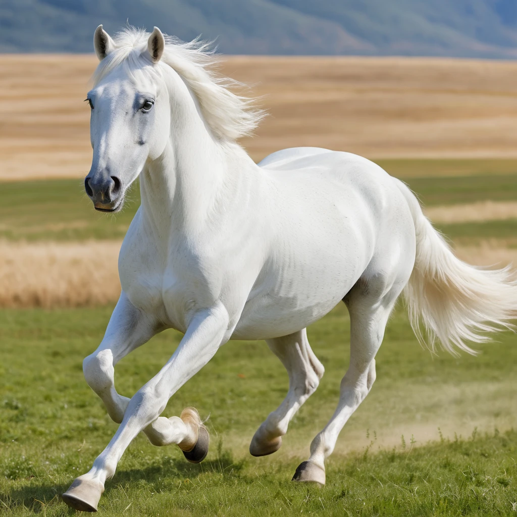 Cavallo bianco che corre in un campo aperto e soleggiato