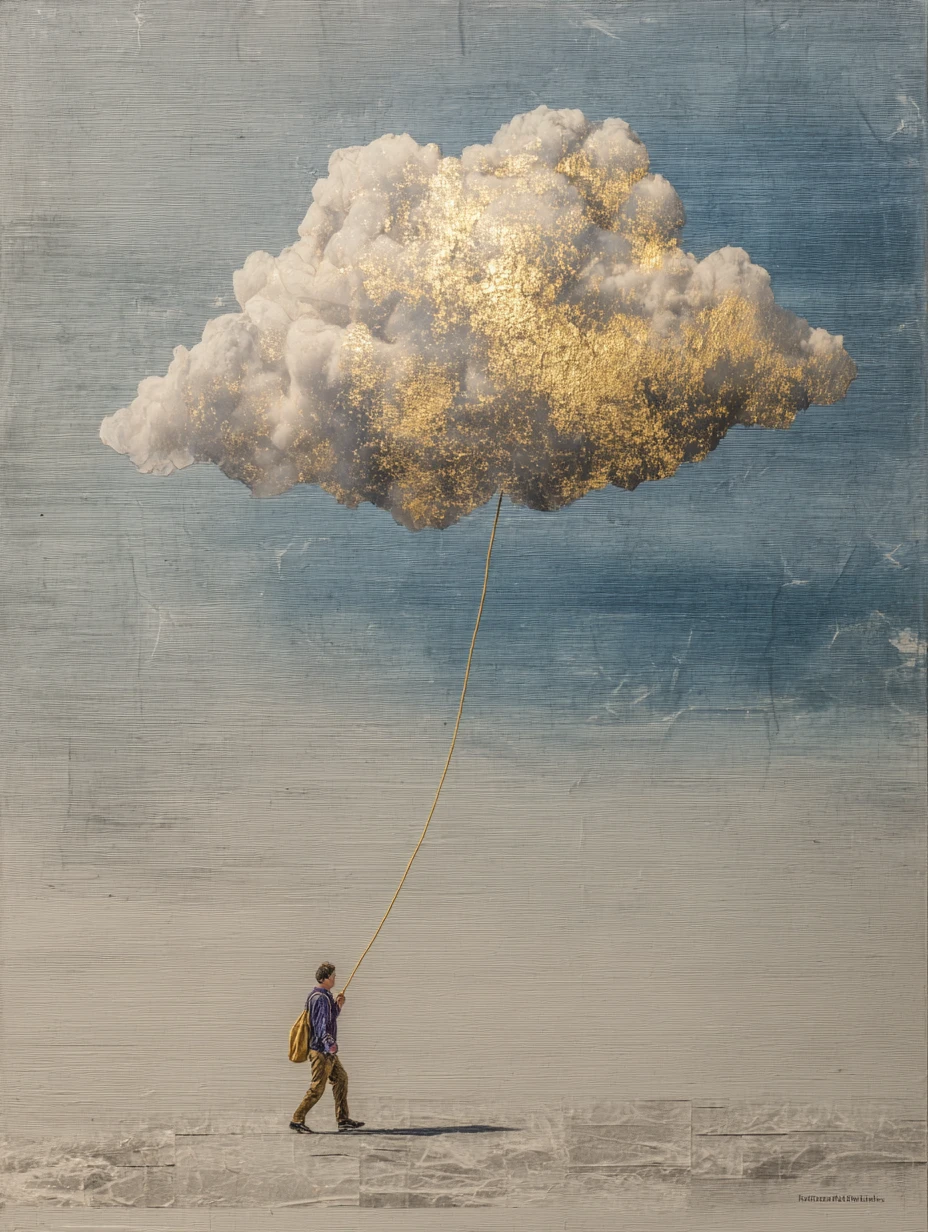 Globo de nube surrealista que protege a un viajero solitario del sol