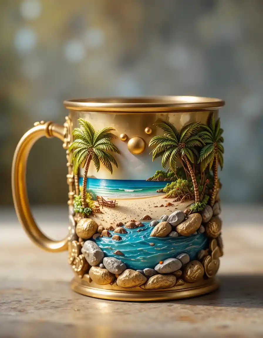 Brass coffee mug with tropical island beach scene