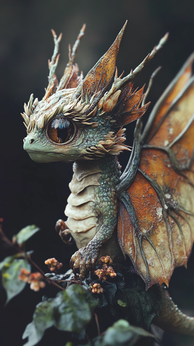 Kleiner Drachen mit Mottenflügeln, verwelkenden Blütenblättern und Staub