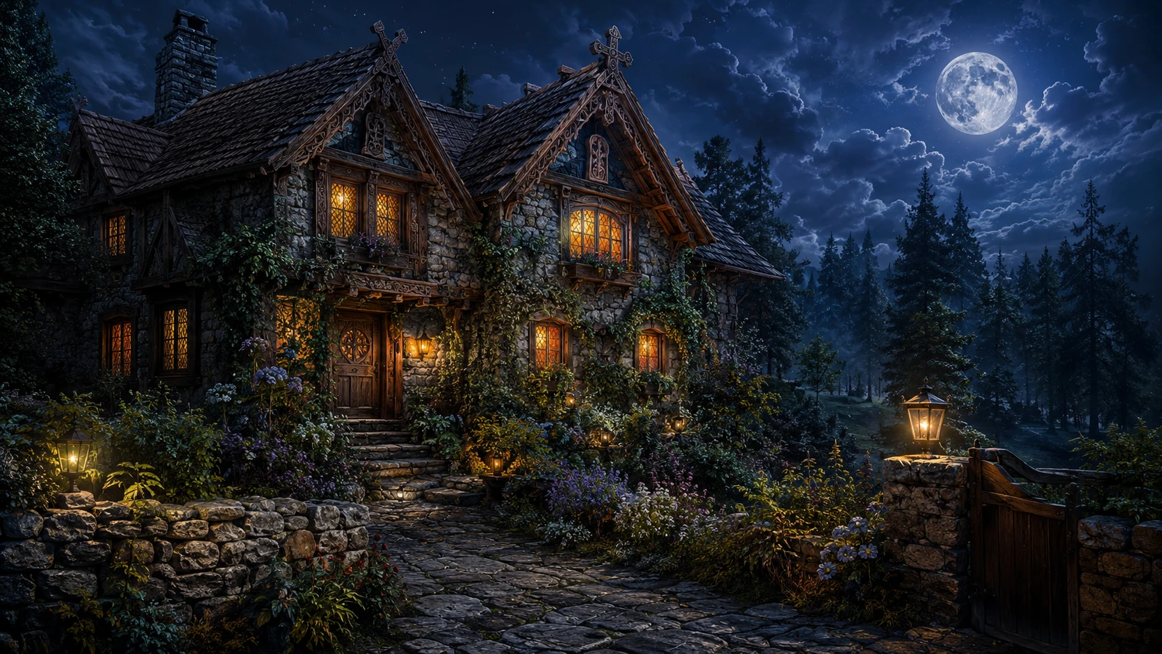Casa de pedra noturna com jardim em uma floresta fantástica