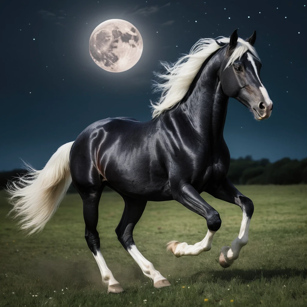 Cavalo preto correndo por um campo aberto ao luar