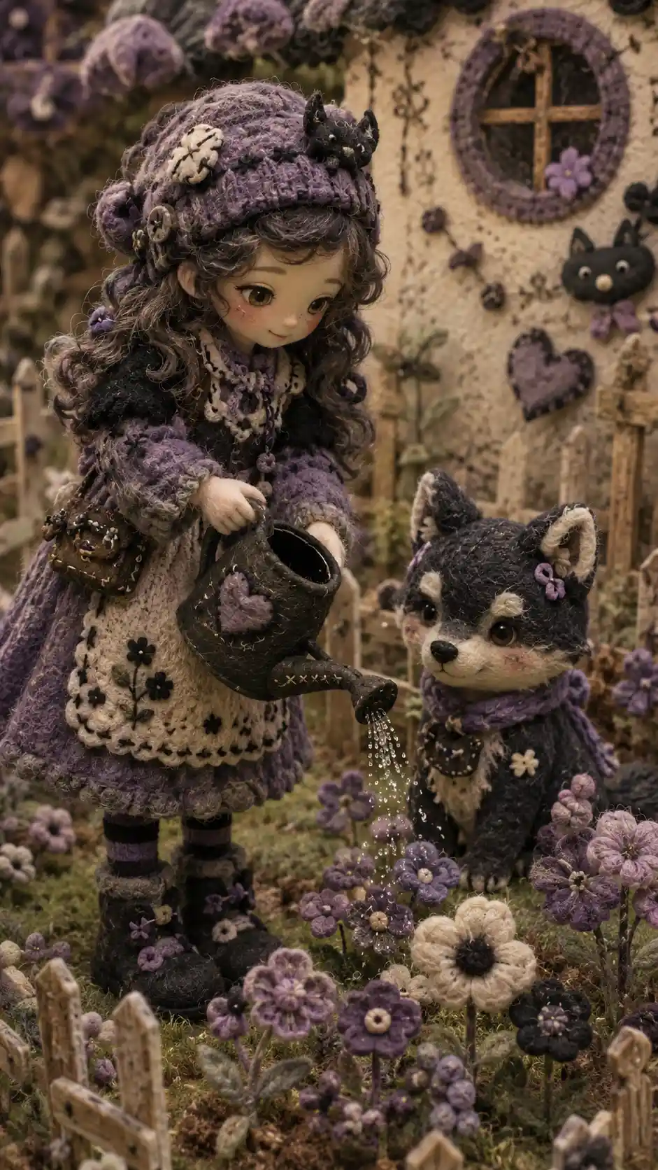 Young felt girl watering flowers in a cozy garden