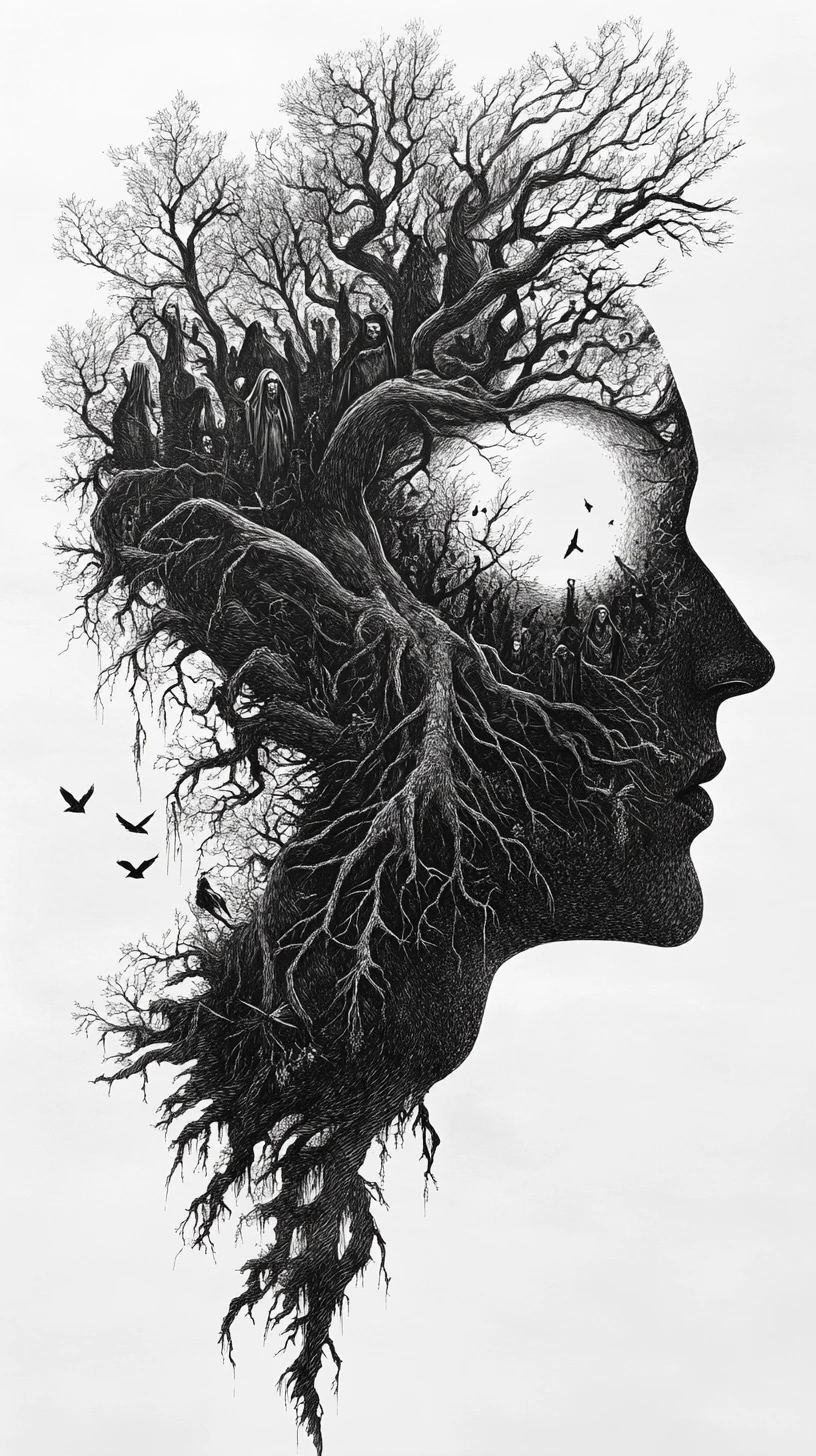 Silueta de Perfil Humano Rellena de Espíritus de un Bosque Ancestral
