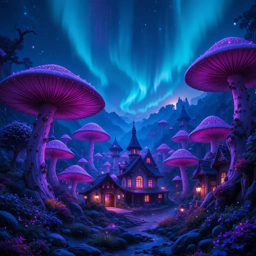 Village enchanté parmi d’immenses champignons lumineux la nuit