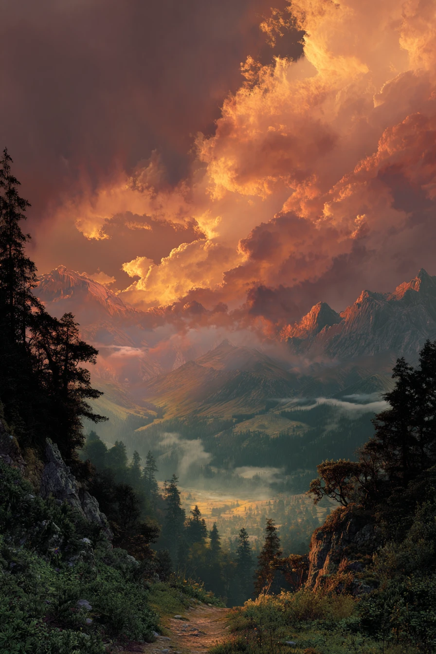 心形旋轉雲朵下的戲劇性山巒景觀