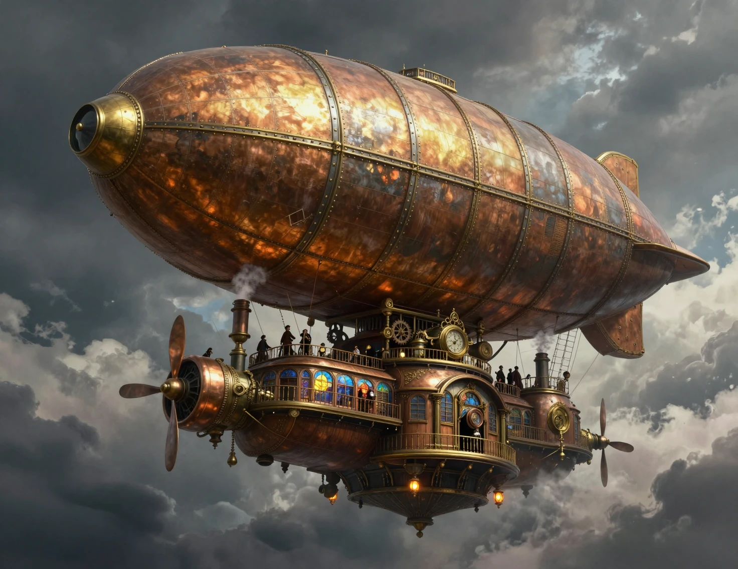 Gigantesco dirigível steampunk cruzando nuvens tempestuosas