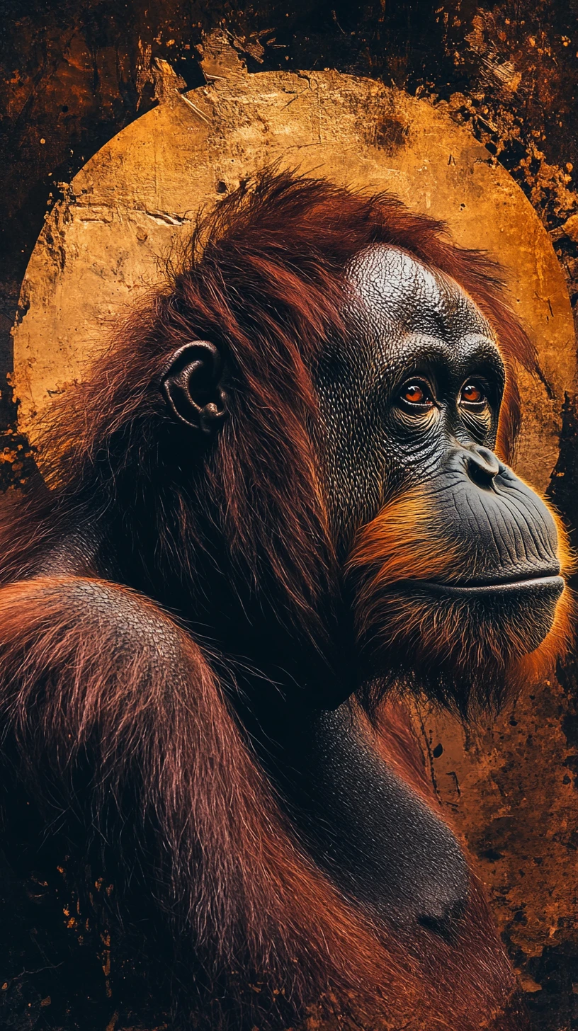 Profilo di orangutan con alone circolare simbolico e sguardo delicato