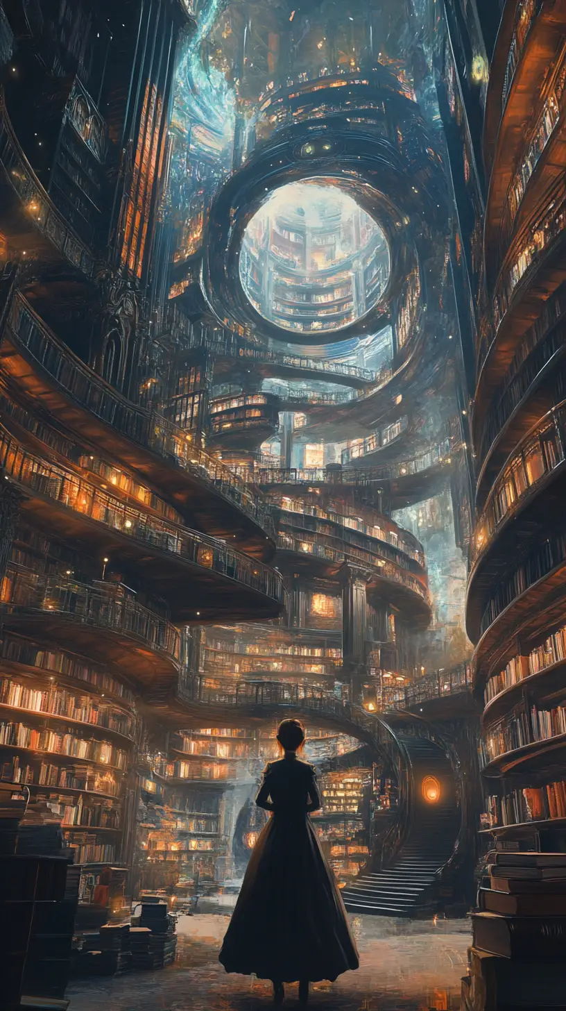 Biblioteca surreal em colapso com mulher focada em primeiro plano