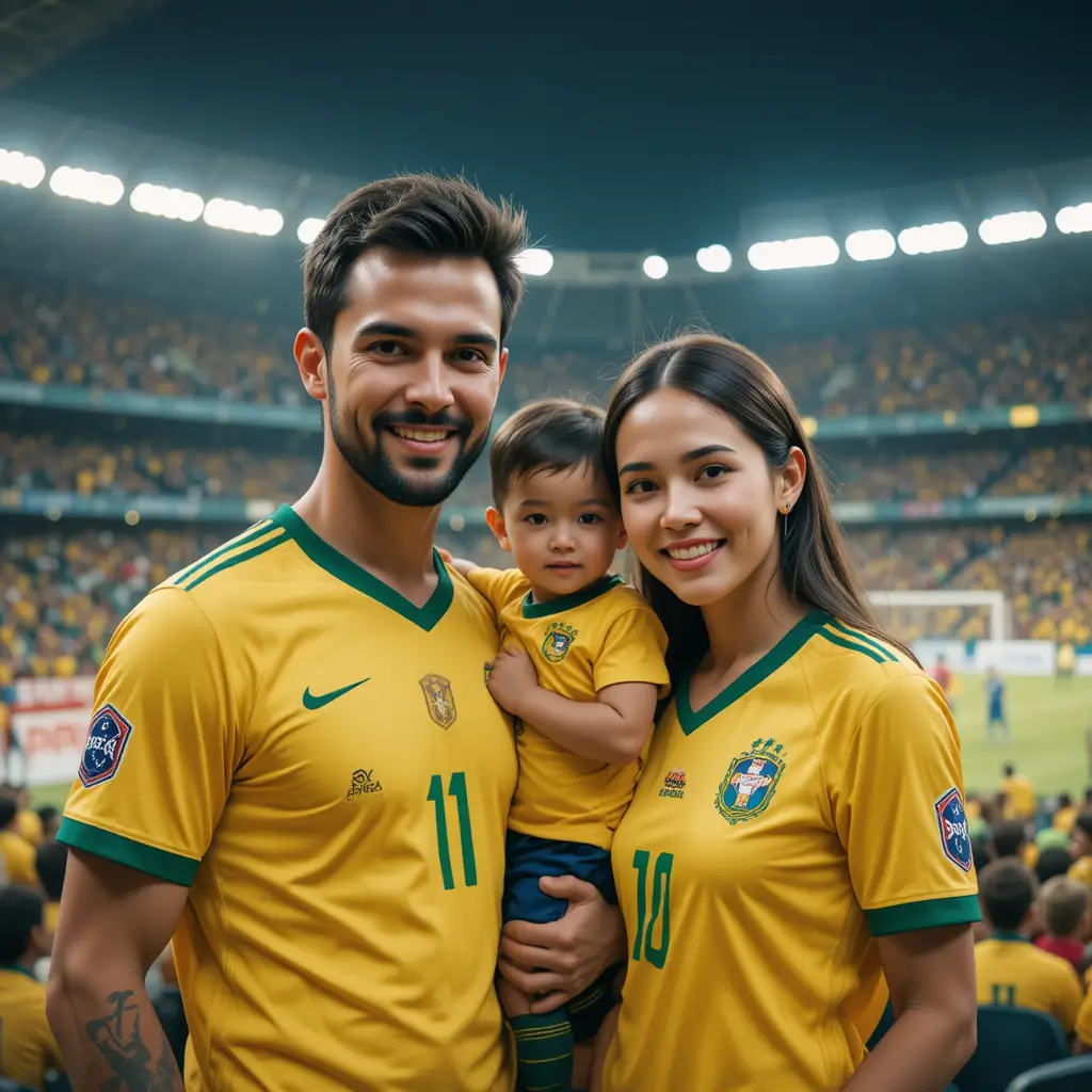 Famiglia felice con maglie gialle allo stadio di calcio