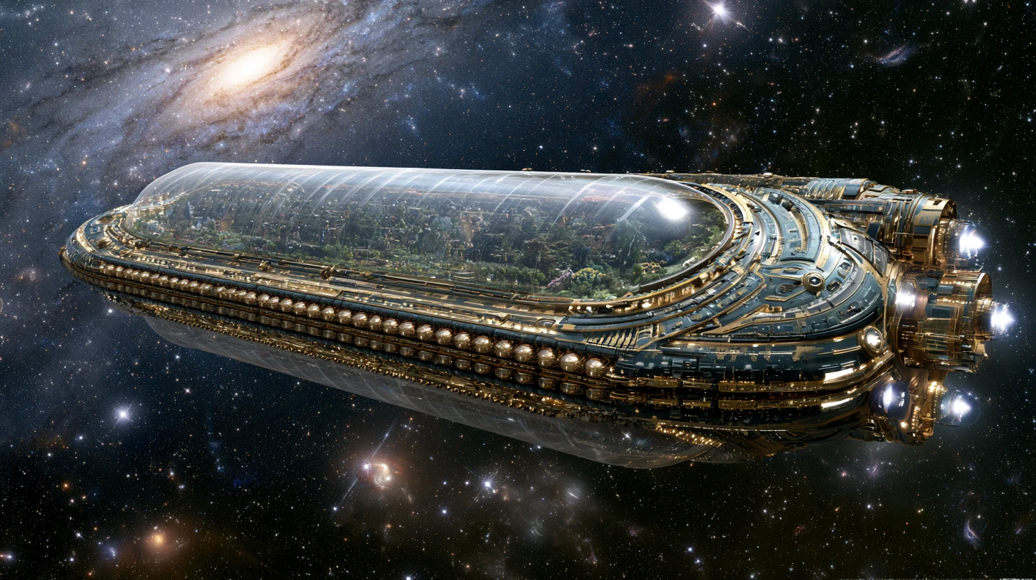 Imensa nave geracional deslizando pelo cosmos repleto de estrelas