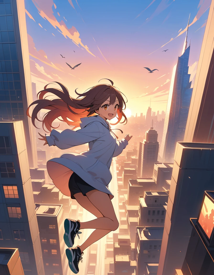 Athletische Anime-Frau springt bei Sonnenuntergang zwischen Stadtdächern