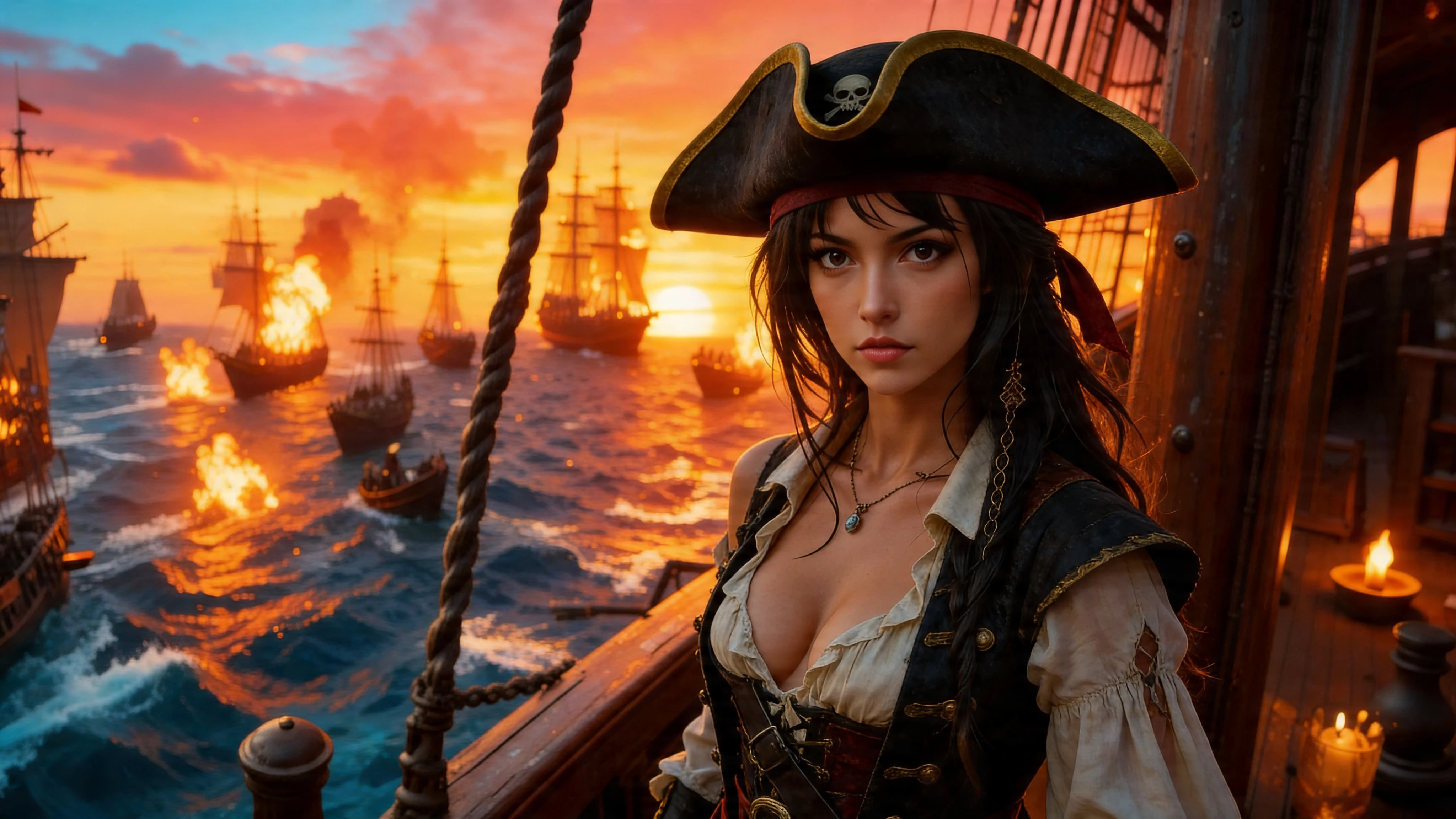 Femme pirate debout avec audace sur son navire au coucher du soleil