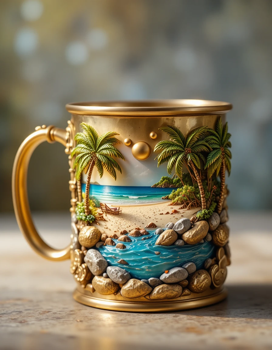 Caneca de café de latão com cena de praia em ilha tropical