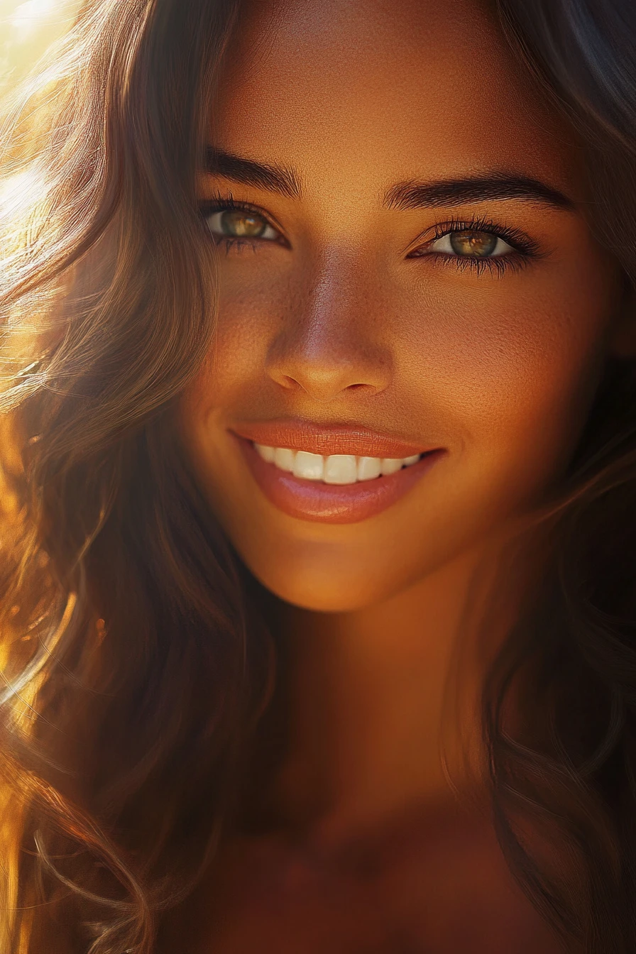 Smiling mixed heritage woman close up portrait in soft focus