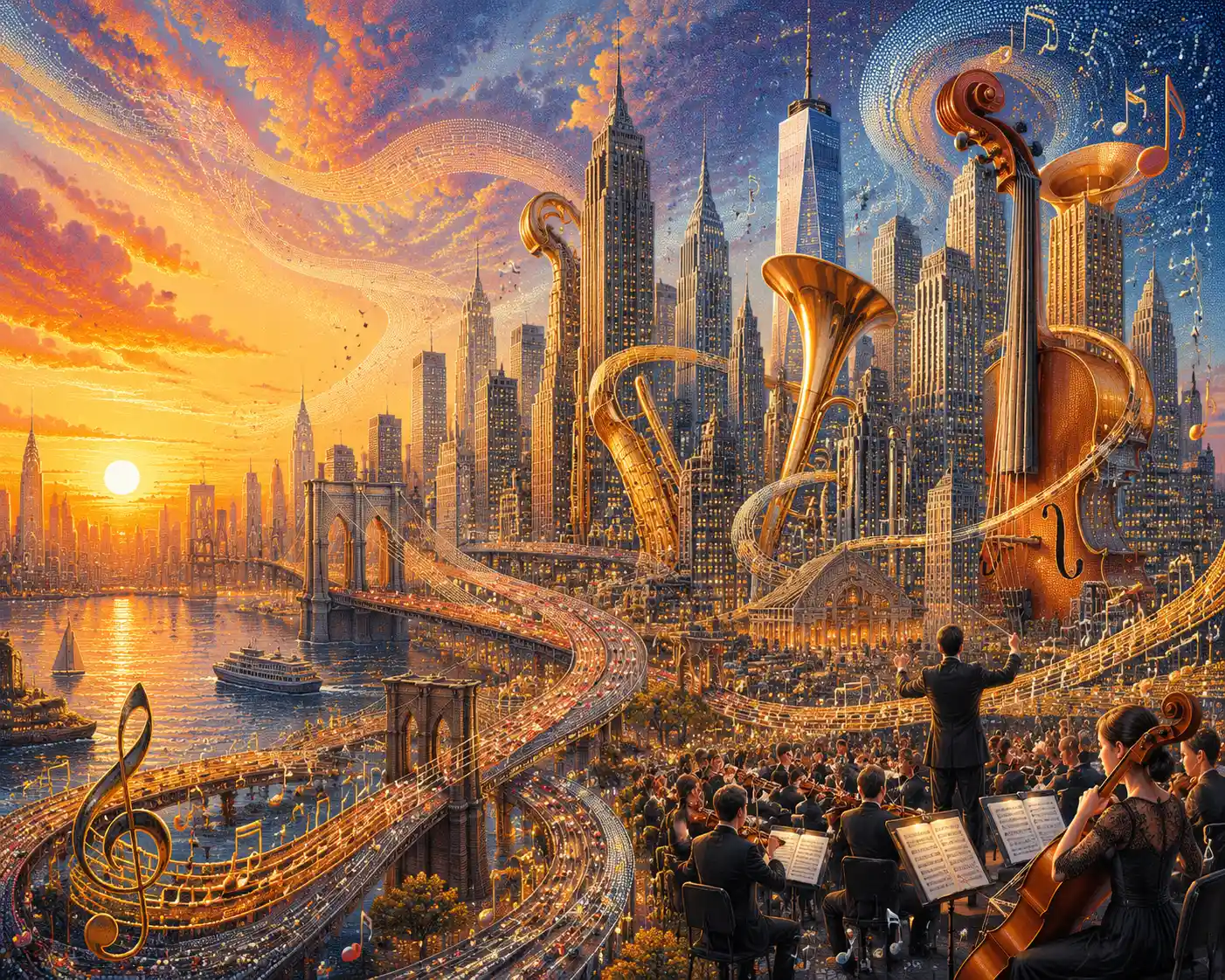 Surreal city merging with orchestra in flowing urban landscape
