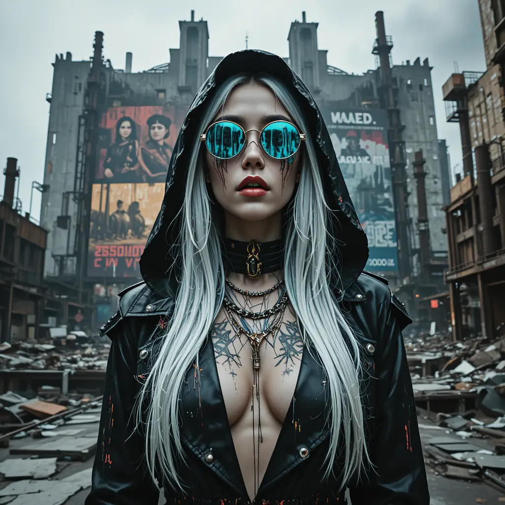 Cyberpunk-Heldin vor einer zerbrochenen industriellen Kathedralenwand