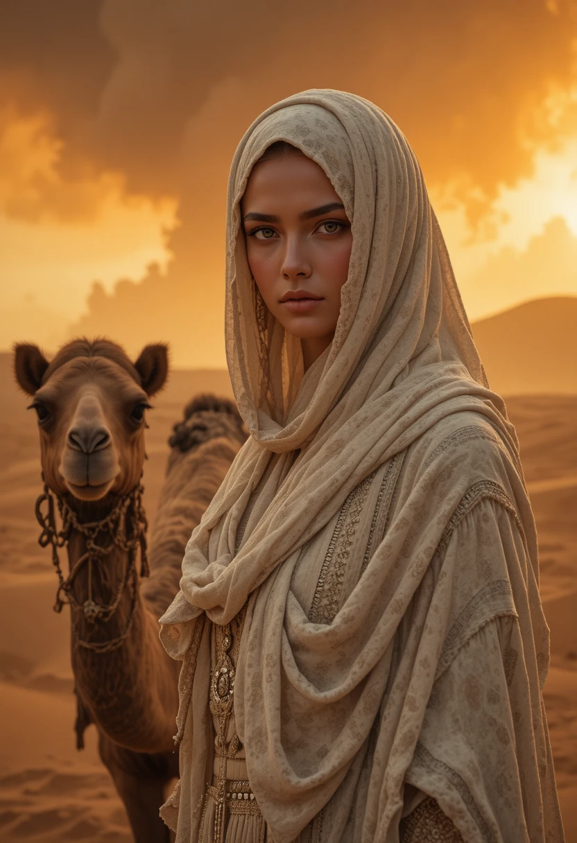 Veiled desert woman standing beside a calm camel