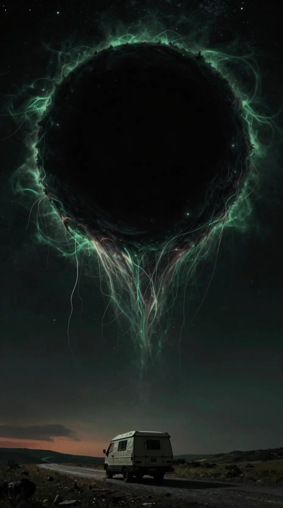 Poster di horror cosmico con un cerchio nero luminoso