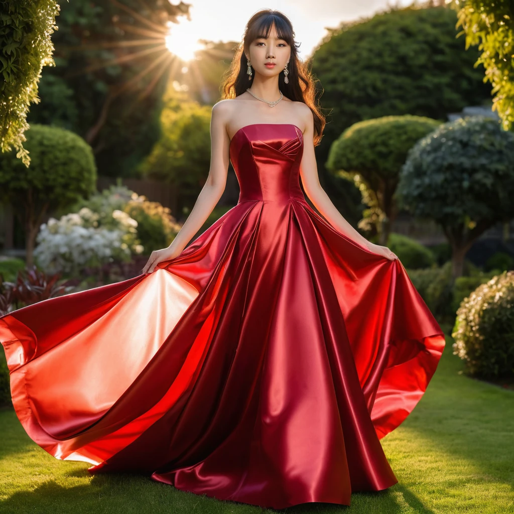 Jovem mulher com vestido de cetim vermelho em jardim ao pôr do sol